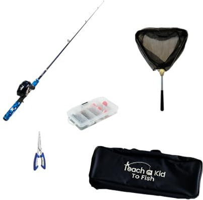 Kids First Fishing Pole and Tackle Box kit Combo. Includes net and Pliers for Easy Hook Removal and Release Under Adult Supervision. Easiest Kids First Blue Fishing Rod Combo to use.
