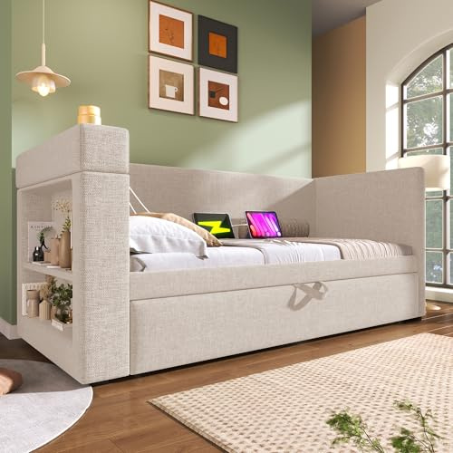Ball & Cast 3ft Single Trundle Day Bed,Single Beige Upholstered Bed with Pull Out Bed,with Cup Holders,USB&Type C Charging Station,Side Storage,Slatted Frame,for Adults Children,Linen/90x190cm