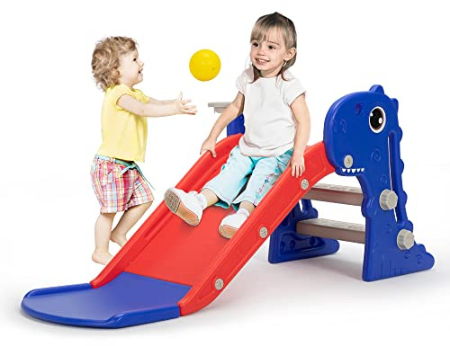 3-in-1-Kleinkindrutsche, Kletter-Spielset für Kinder mit Basketballkorb, Indoor- und Outdoor-Spielplatz für Kinder, klappbares Design, freistehende Baby-Rutsche, einfache Montageer (Blau)