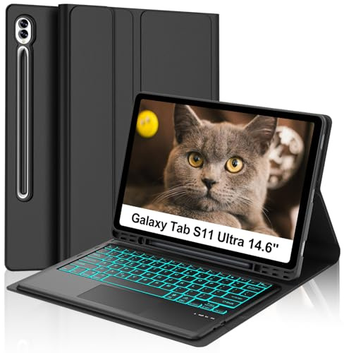 Keyboard Case for Samsung Tablet S11 Ultra/S10 Ultra/S9 Ultra/S8 Ultra | Touchpad Case with Keyboard for Samsung Tab S11 Ultra 14.6 inch with 7 Color Backlight, Bluetooth Magnetic , Black