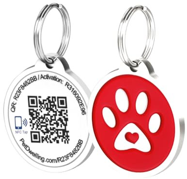 Pet Dwelling Premium NFC & QR Code Smart Dog Tag – Einfaches Scannen, sofortiger Profilzugriff, Standortwarnungen in Echtzeit (rote Pfote)