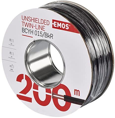 EMOS Kupferkabel 2 x 0,15 mm2, 200 Meter Zweidrahtleitung aus reinem Kupfer für Niederspannung, schwarz mit roter Polaritätskennzeichnung