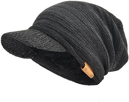 Herren Dame Dick Vlies Gefütterte Strickmützen Stricken Slouch Mütze Mit Visier (Grau/Schwarz)