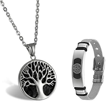 Aroncent Unisex Kette mit Lebensbaum Anhänger Verstellbar Armband Set Edelstahl Silber & Schwarz