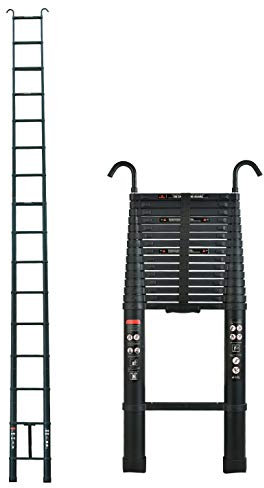 Alu Teleskopleiter 5M mit Haken, 13 Sprossen Mehrzweckleiter mit Fingerschutz, Klappbar Ausziehbare Leiter für Dachdach Zuhause drinnen und draußen, Traglast 150 kg