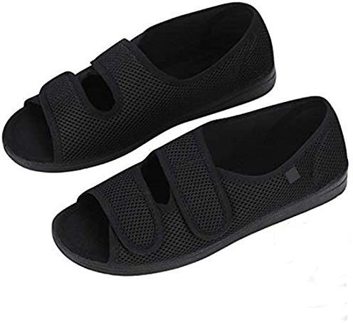 Femme Diabétiques Chaussure Réglable Orthopédique Sandales Bout Ouvert Large Chausson Fermeture Scratch pour Personne Âgée Pieds Gonflés Arthrite Oedème Swollen Pantoufle Intérieur Extérieur,38,Noire