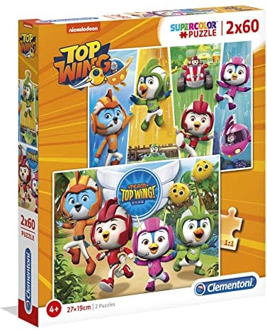 Clementoni 21610 Supercolor Top Wing – Puzzle 2 x 60 Teile ab 5 Jahren, buntes Kinderpuzzle mit besonderer Leuchtkraft & Farbintensität, Geschicklichkeitsspiel für Kinder