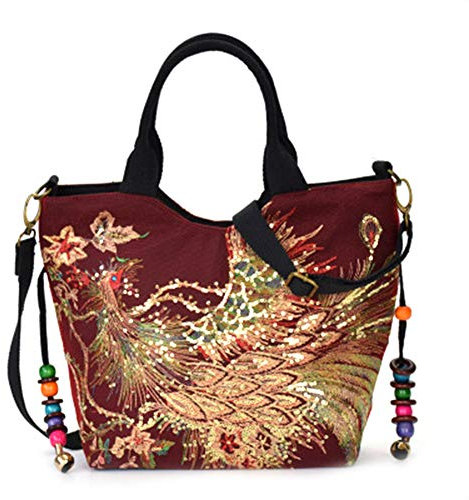 ECOSWAY Damen Canvas Schultertasche Stickerei Handtasche Tote Taschen mit dekorativen Perlen Anhänger