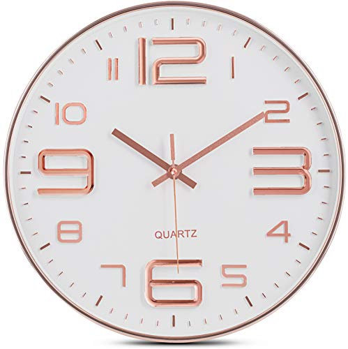 Bernhard Products Rose Gold Wall Clock 12 Inch Silent Non-Ticking Quality Quartz Battery Operated Easy to Read Decorative Modern Design for Home/Office/Kitchen/Bedroom/Living Room (Rose Gold & White)