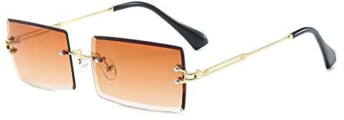 Yojued Rechteckige Retro-Sonnenbrille für Damen und Herren, Mode, Vintage, kleine quadratische Brille, randlos, Rahmen, getönte Gläser, UV400 Schutz, Klassisch, Braun