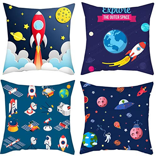 Eyands Child Cushion Covers - Rocket Theme Throw Pillow Covers Space Cushions Decorative for Sofas,Beds,Car,Set Of 4,18x18inch