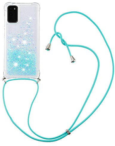MRSTER Handykette Kompatibel mit Samsung Galaxy S20, Glitzer Flüssig Bewegende Treibsand Handyhülle mit Necklace mask Lanyard Schutzhülle für Samsung Galaxy S20. LP Star Blue
