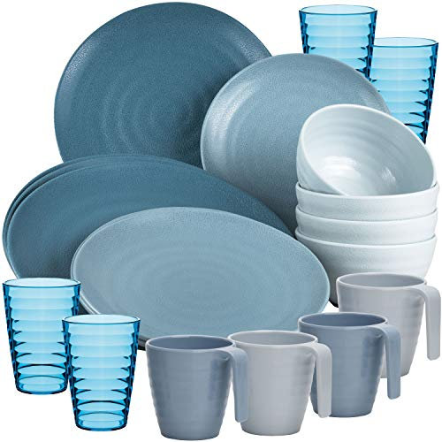 Melamin Camping Geschirr Set 20 Teile elegante in blau mit Wasserglas Tassen - für 4 Personen - Essgeschirr Gläser Wasserglas Tumbler - Campinggeschirr Picknick modern Outdoor