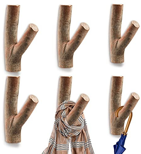 DEAYOU 6 Pack Wood Wall Hooks, Tree Branch Real Wooden Hooks for Hanging, Adhesive Farmhouse Rustic Hat Coat Hooks Wall Stickers for Towels, Bags, Scarves, Keys, Decoration (Width 2-3cm)