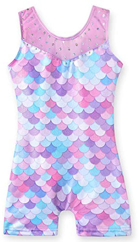 XiaoMoSha Turnanzug Mädchen, Kurzarm Farbverlauf Glitzer Mädchen Ballettanzug, Kinder Akrobatik Gymnastikanzug, Meerjungfrau Violett, 2-3 Jahre