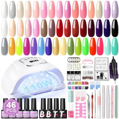Coscelia 46 Farben UV Nagellack Set mit UV Lampe 110W, Nagelfräser für Gelnägel, Unterlack & Glänzender Überlack Nagellack Set für Anfänger