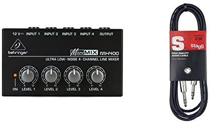 Behringer MICROMIX MX400 Mezclador de línea de 4 canales de ruido ultra bajo & Stagg SAC3PS DL - Cable para instrumentos (simétrico, 3 m) color negro