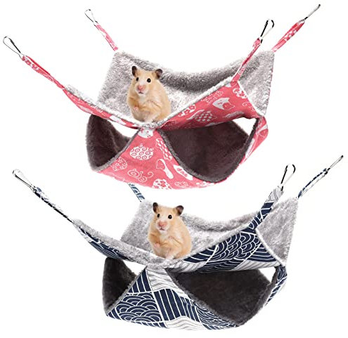 olyee 2 Pack Rat Hammocks for Cage, Double-Layer Hanging Bed for Small Animals Guinea Pig Cage Accessories Bedding, Warm Hammock for Parrot Ferret Squirrel Hamster Rat Playing Sleeping(Pink+Navy)