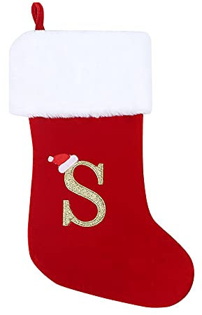 20 Inches Monogram Christmas Stockings with Letters,Red Velvet with White Super Soft Plush Cuff Embroidered Xmas Stockings Classic Personalized Stocking Decorations for Christmas Holiday Xmas Gift