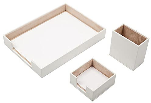 MOOG Schreibtisch-Set aus weißem Leder – Schreibtischunterlage – Notizpapierhalter – Stifthalter – Lederuntersetzer – Schreibtischzubehör – Schreibtisch, weiß (03)…