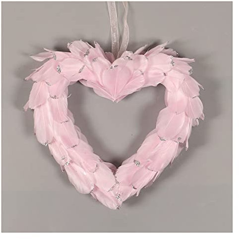SHTGOI Federkranz 25 x 29cm Wandkranz Herz Federn Kranz Deko Handgefertigt Federn Kränze Tischdeko Türkranz Weihnachtskranz Osterkranz Wohnzimmer Haustür Dekoration Rosa