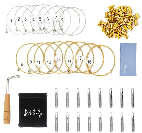 Mulucky Lyre Harp 16er Set Lyre Harp Saiten Ersatz Metallsaiten Stimmstifte mit einem L-förmigen Stimmschlüssel für Lyre Harfe, Zithers, Cembalo und andere primitive Saiteninstrumente
