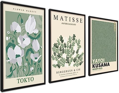 ag.art deco Moderne Poster Set | 3 Stück 30x40cm MIT RAHMEN schwarz | Stilvolle Matisse Pastell Flower Market Kusama Tokyo