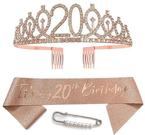20. Geburtstags Schärpe Geburtstag Mädchen Birthday Krone Damen Haarnadel Prinzessin Haar Zusätze Rose Gold Geburtstag Schärpe Tiara Krone für Alles Gute Zum Geburtstag Partyzubehör Dekorationen