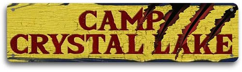 Camp Crystal Lake Schild 10,2 x 40,6 cm – Vintage-Stil, Metall-Wanddekoration, Retro-Camping-Blechschild für Outdoor-Enthusiasten, Horror-Film-Sammlerstück, langlebig, für Haus und Garten, einfache