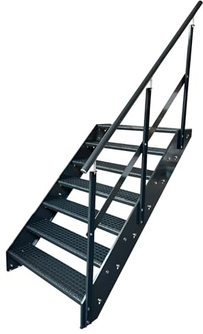 Kaminbau Mierzwa Premium Stahl Treppe mit Geländer Rechts in komplett Anthrazit RAL 7016/7 Stufen (Breite 600 mm) (Höhe 133 cm) Wetterfest Gitterroststufe Gartentreppe