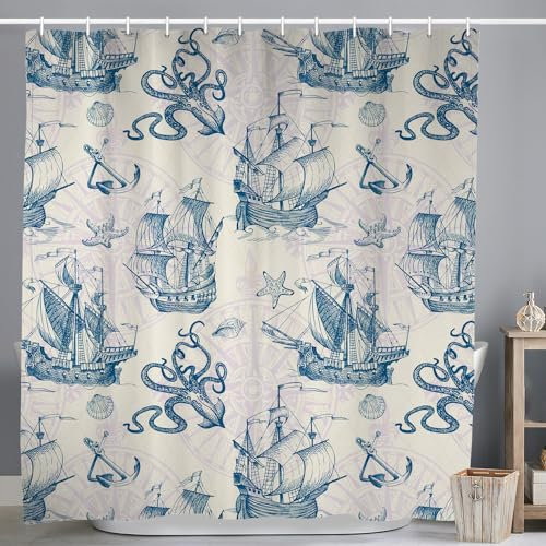 ASDCXZ Maritime Shower Curtain 180x200 cm, Maritime Nautical Sailboat Anchor Sea Animals Octopus Shells Washable Shower Curtains Polyester Textile Waterproof Bath Curtain for Bathtub with 12 Hooks