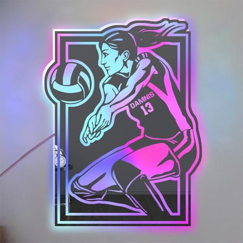 ASD Jewerly Personalisierte Volleyball Spieler LED Spiegel Licht Zeichen, benutzerdefinierte Name für Zahl Volleyball Wand Kunst Neon Licht, Weihnachten Geburtstag Volleyball Kinder Geschenk