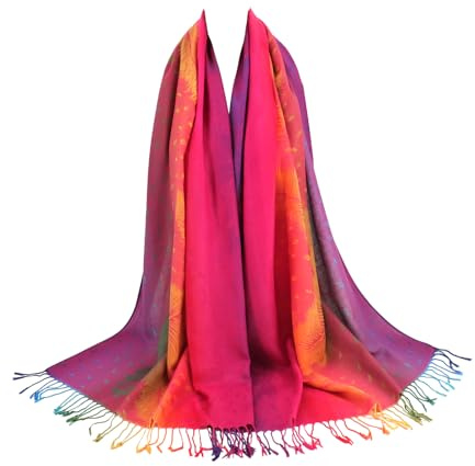 RonFoxi Damen Wraps & Pashminas - Frühling Fuchsia Pfau Feder Regenbogen Schal Rave Pashmina Festival Stola für Damen Reisekleider(DE-Style 2-Fuchsia)