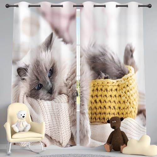 WEQEER Katzen-Fenstervorhänge Mädchen Süßes Haustier Katzen Vorhänge Cartoon-Katzenvorhang Für Schlafzimmer, 3D-Tier-Katzenvorhänge Für Kinder Jungen (4,100×140BxH (50×140cm×2))