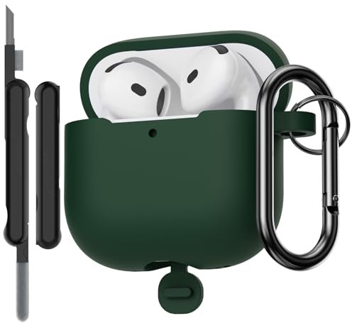 AOTUAO Case Compatible with AirPods 4th Generation Case Cover with Cleaner Kit, Shockproof Drop Protection Scratch Resistant Silicone Case Cover for AirPods 4 2024 with Keychain, Forest Green