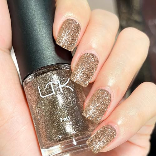 Glitter Nail Polish, Gold Nail Varnish, Shimmer Sparkly Metallic Nail Glitter, Quick Dry Long Lasting French Holographic No UV Needed Nail Varnish, Nail Art Manicure for Women DIY Nail Art