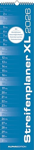 Alpha Edition - Streifenplaner XL Blau Kalender 2026 – 15x64 cm – Schmaler Wandplaner – Einspaltiger Langplaner für Küche, Büro & Haushalt – Mit Platz für Notizen & Feiertagen (DE/AT/CH)