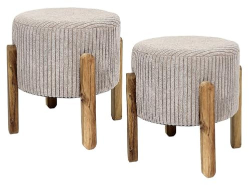 AltoBuy Amory - Lot de 2 Tabourets en Velours côtelé Coloris Taupe Pieds en Acacia