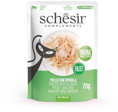 Schesir, Hähnchenfilets mit Spigola in Gelee, ergänzendes Nassfutter für Katzen, Originalrezept, 100% natürlich, 12 Beutel à 70 g