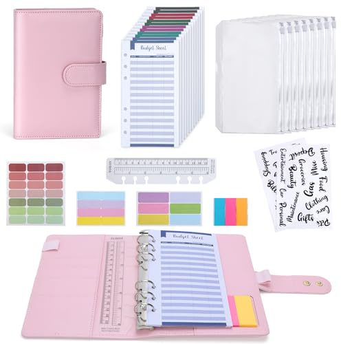 Euqvunn Money Binder, Quaderno Risparmio Soldi A6 con Bustine per Contanti, Chiusure Regolabili Budget Planner, Budget Binder per Organizzatore di Soldi, Portafoglio A6 per Cash Stuffing - Rosa