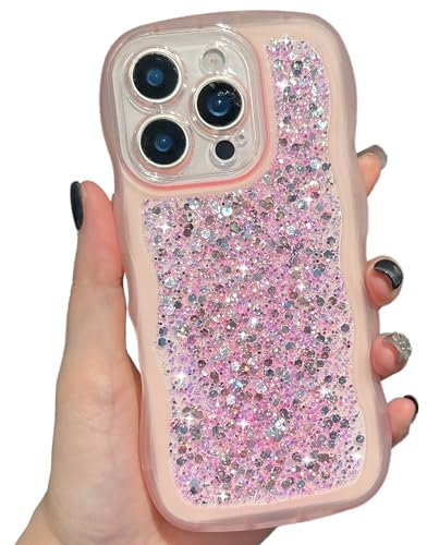 ZTOFERA Wavy Case for iPhone 12 Pro Max (6.7), Cute Girly Clear Curly Wave Frame Bling Glitters Shiny Sequins Aesthetic Phone Case Soft TPU Lightweight Shockproof Bumper Protective Cover - Pink