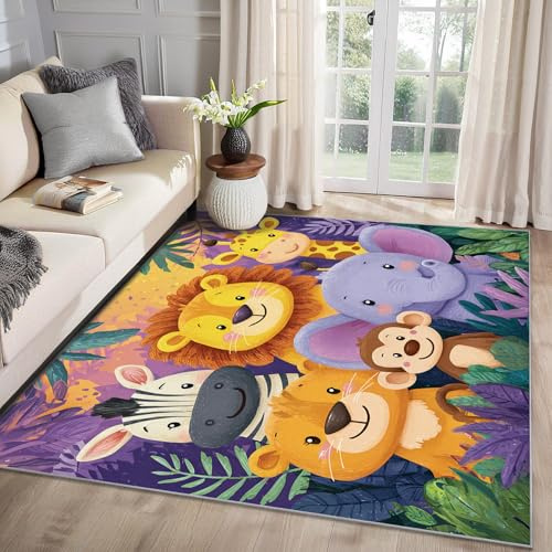 MMYAOKEN Safari Teppich Wohnzimmer 80x150 Kinder Cartoon Dschungeltiere Deko, Teppich Kurzflor, Weich rutschfest Waschbare Teppiche, Fußmatte Bettvorleger Schlafzimmer Kinderzimmer