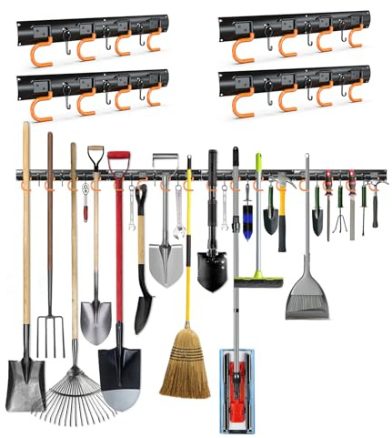 3-H Wandhalterung für Gartengeräte 4X 42cm Vollstahl mit Mini-Haken,Schwarz | Schwerlast-Gartengerätehalter für Garage Gartenhaus Geräteschuppen Balkon Keller Werkstatt & Hobbyraum - Ordnung überall