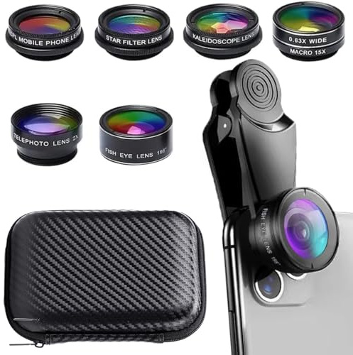 Lente de cámara de teléfono móvil 7 en 1, kit de lentes para teléfono móvil, clip universal, para iPhone, Samsung, para smartphone Android, gran angular, macro, ojo de pez, caleidoscopio, filtro de