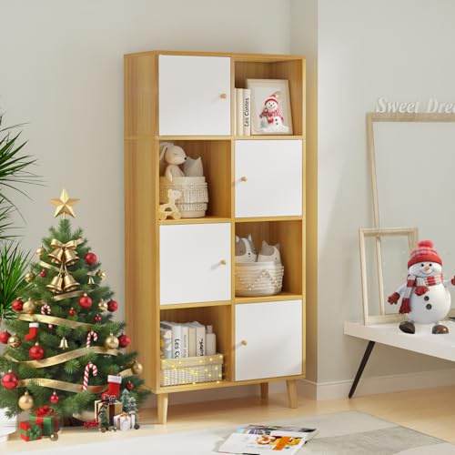 DHHOZAMZ Bücherregal Mit Türen, Raumteiler Regal, Bücherregal Holz, Standregal Mit Türen, Bookcase für Wohnzimmer, Arbeitszimmer und Büro. (Weiß und Beige, 64.5x30x138cm)