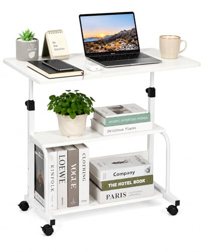 JANDTEK Mesa Ordenador Portátil con Ruedas y Altura Regulable – Escritorio Pequeño para Sofá, Cama y Teletrabajo – Mesa Auxiliar con Estante Inferior para Espacios Reducidos (Blanco 60x40)