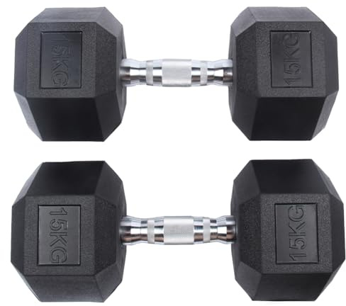 SPORTINATOR Hexagon Hanteln – 2er-Set & Einzelhanteln von 5–30 kg – Gusseisen mit Gummi-Beschichtung, rutschfester Griff, bodenschonend, ideal für Krafttraining & Fitness (15 kg (2er-Set))