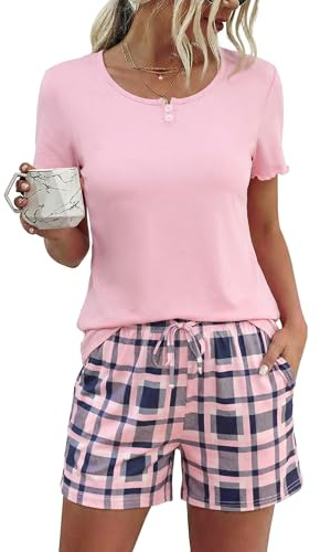 Aseniza Pyjama Femme Été Ensembles de Pyjama en Coton Vêtements de Nuit Manches Courtes et Short avec Poches Latérales Léger et Élégant