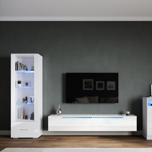 SONNI Wohnwand, Lowboard 180x35x30cm+Vitrine 55x35x172cm mit 12 Farben LED
