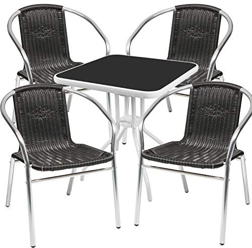 Mojawo® Bistrogarnitur 5-teilig Bistrotisch Metall/Glas weiß/schwarz Bistroset eckig 60x60cm + 4 Stapelstühle Aluminium/Polyrattan Schwaru